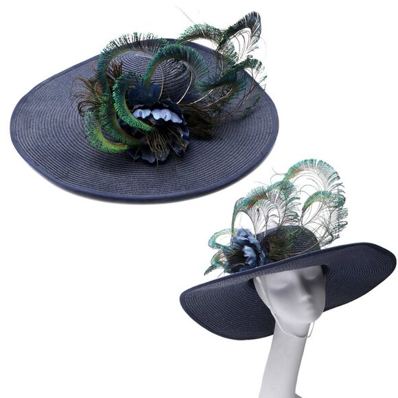 Large Brim Hat Peacock Feathers Floral Queens Plate Horse Race Summer Parties - Picture 1 of 12
